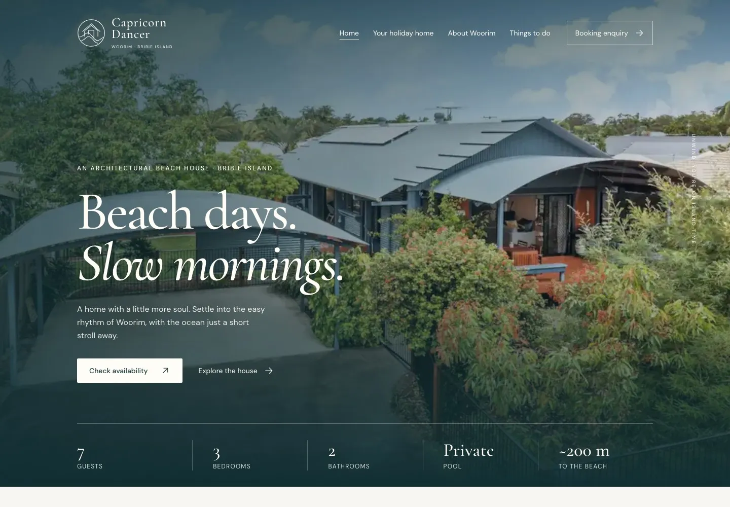 Capricorn Dancer holiday rental website with property photography and a check-availability link