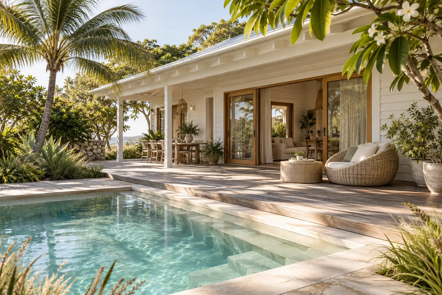 Australian coastal cottage with a timber deck, plunge pool and tropical garden