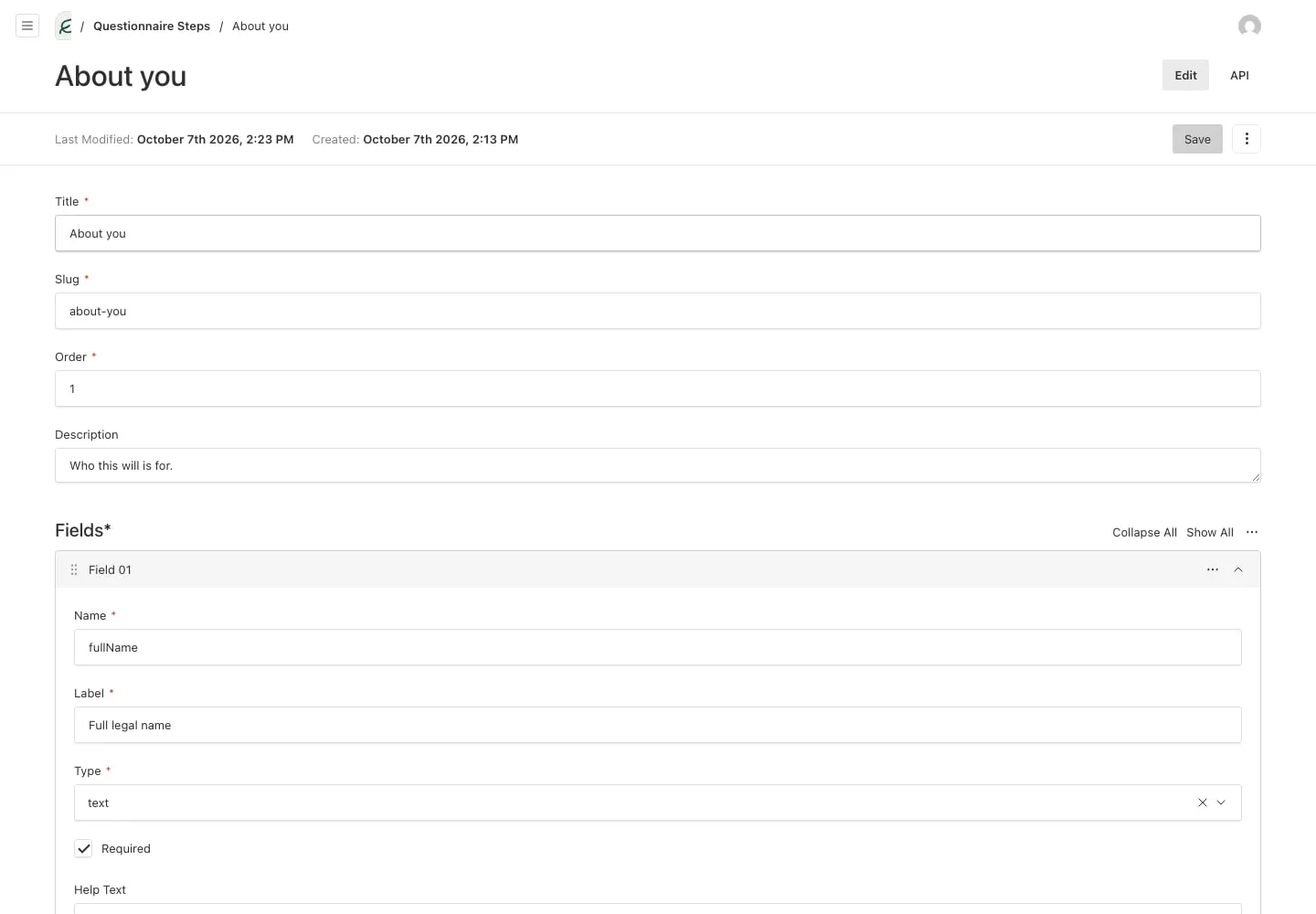 Canopy Wills content administration screen for editing questionnaire labels, descriptions and fields.