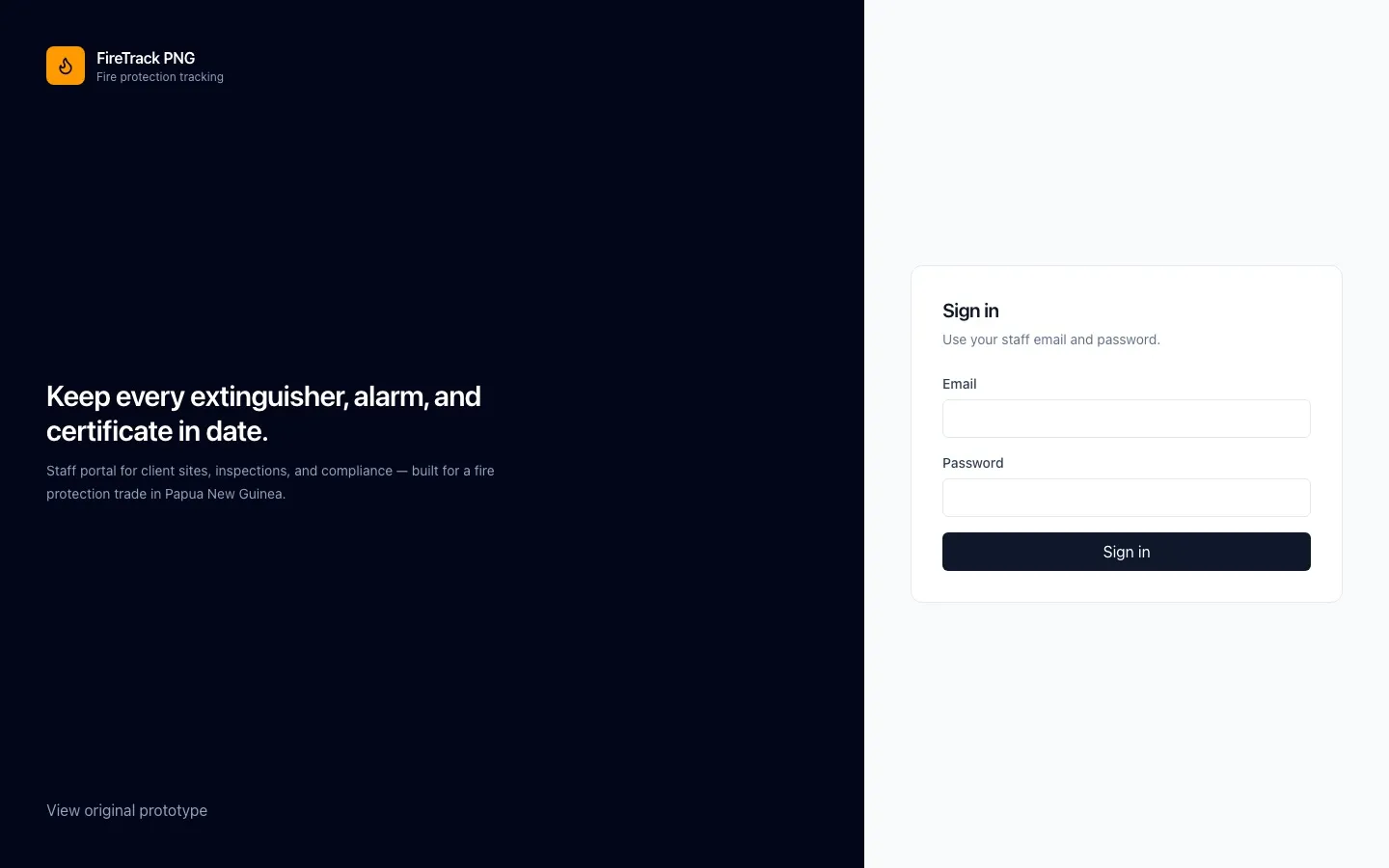 Staff sign-in screen — no public registration, staff accounts only