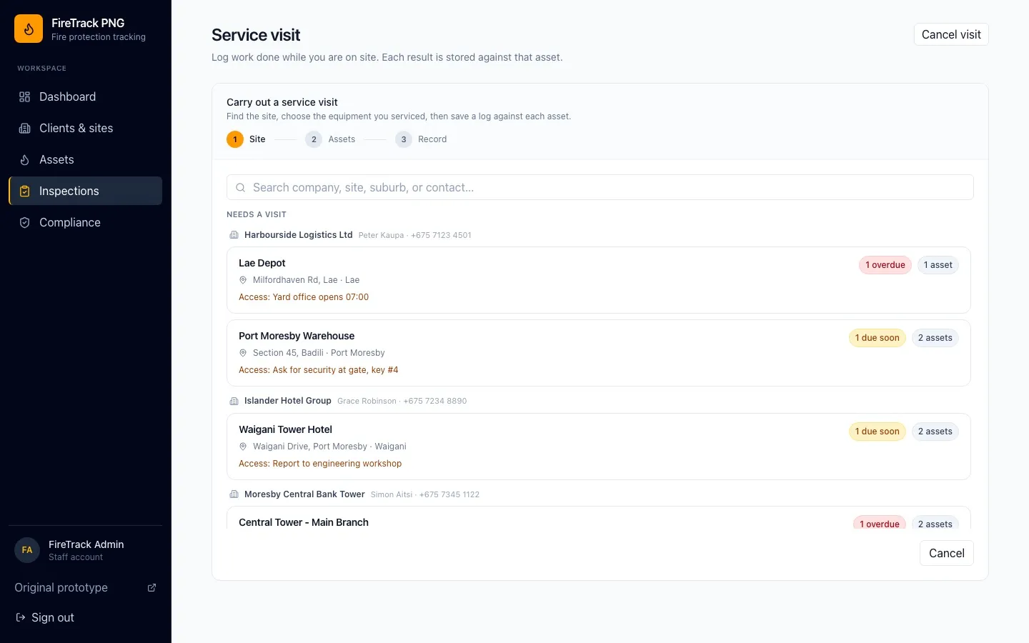 Carry out a service visit — pick the site, with overdue work floated first
