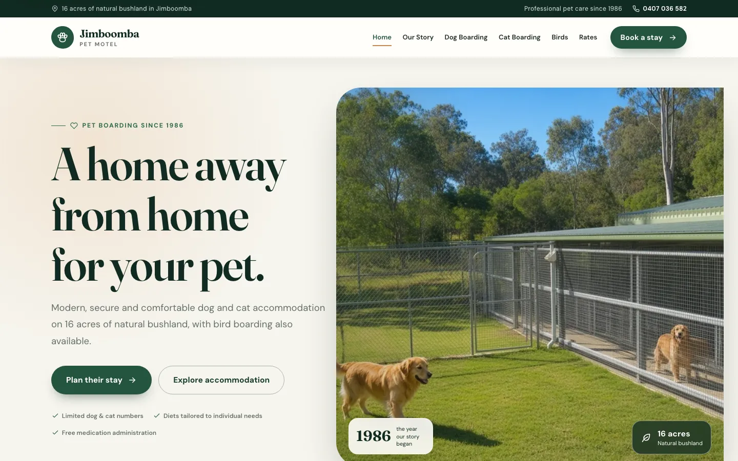 Jimboomba Pet Motel website showing pet boarding facilities in natural bushland