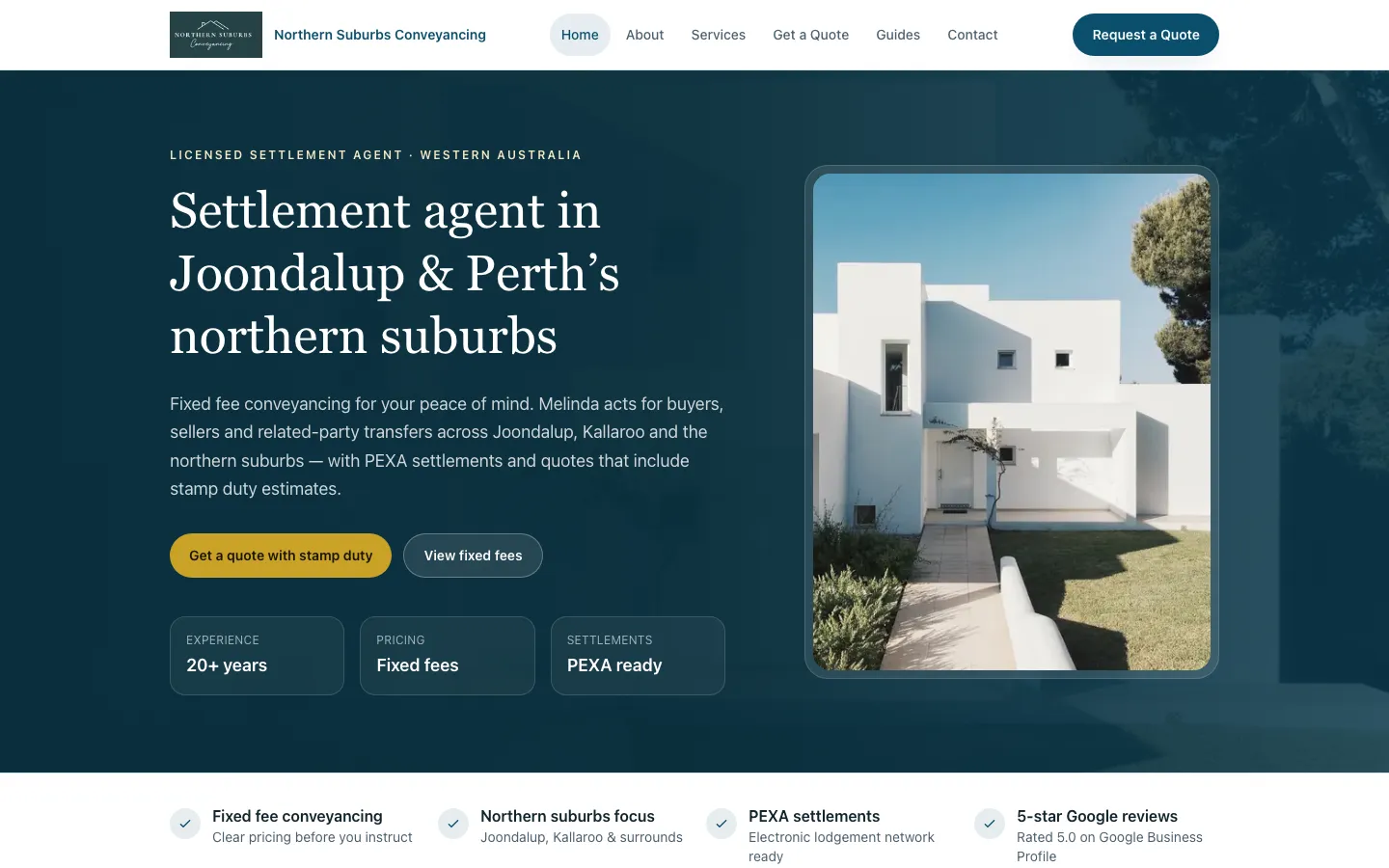 Northern Suburbs Conveyancing website showing fixed-fee settlement services and a quote tool