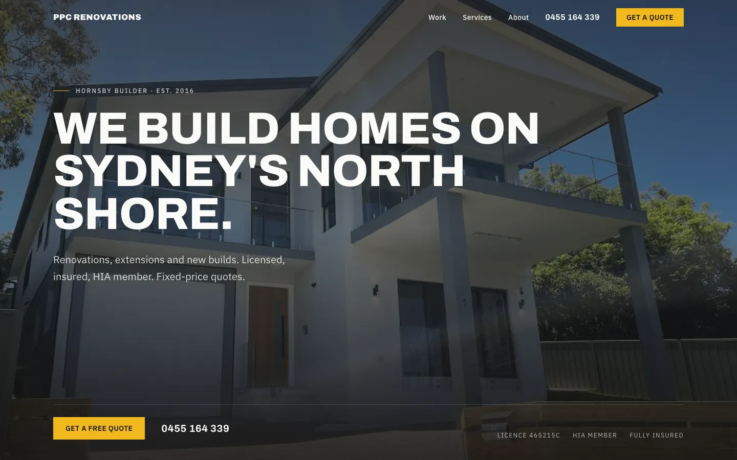 PPC Renovations website showing a completed North Shore home and quote actions