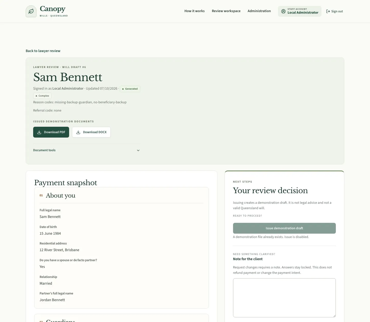 Canopy Wills staff review portal using fictional client information
