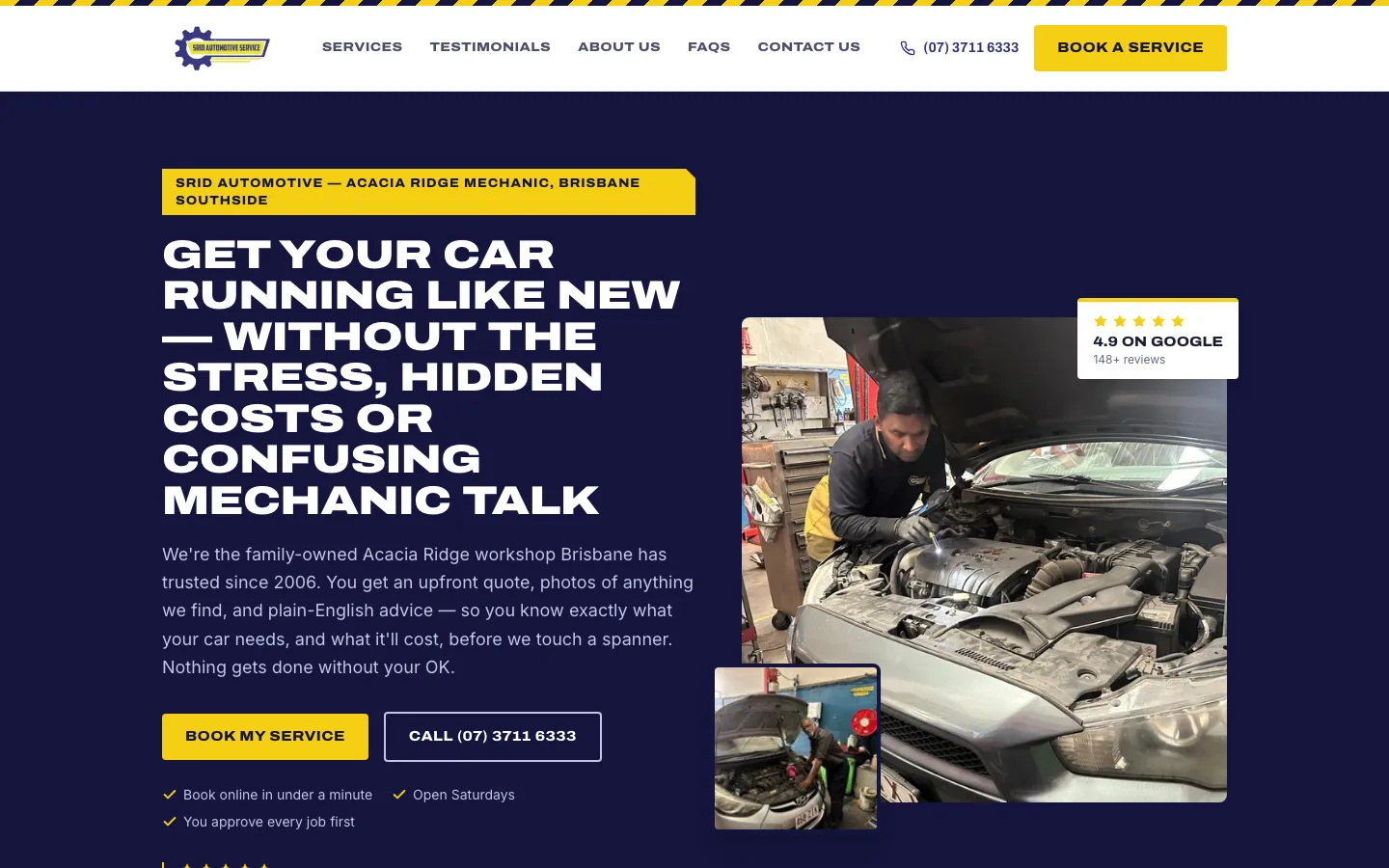 SRID Automotive Services website with online booking, customer reviews, and workshop photography