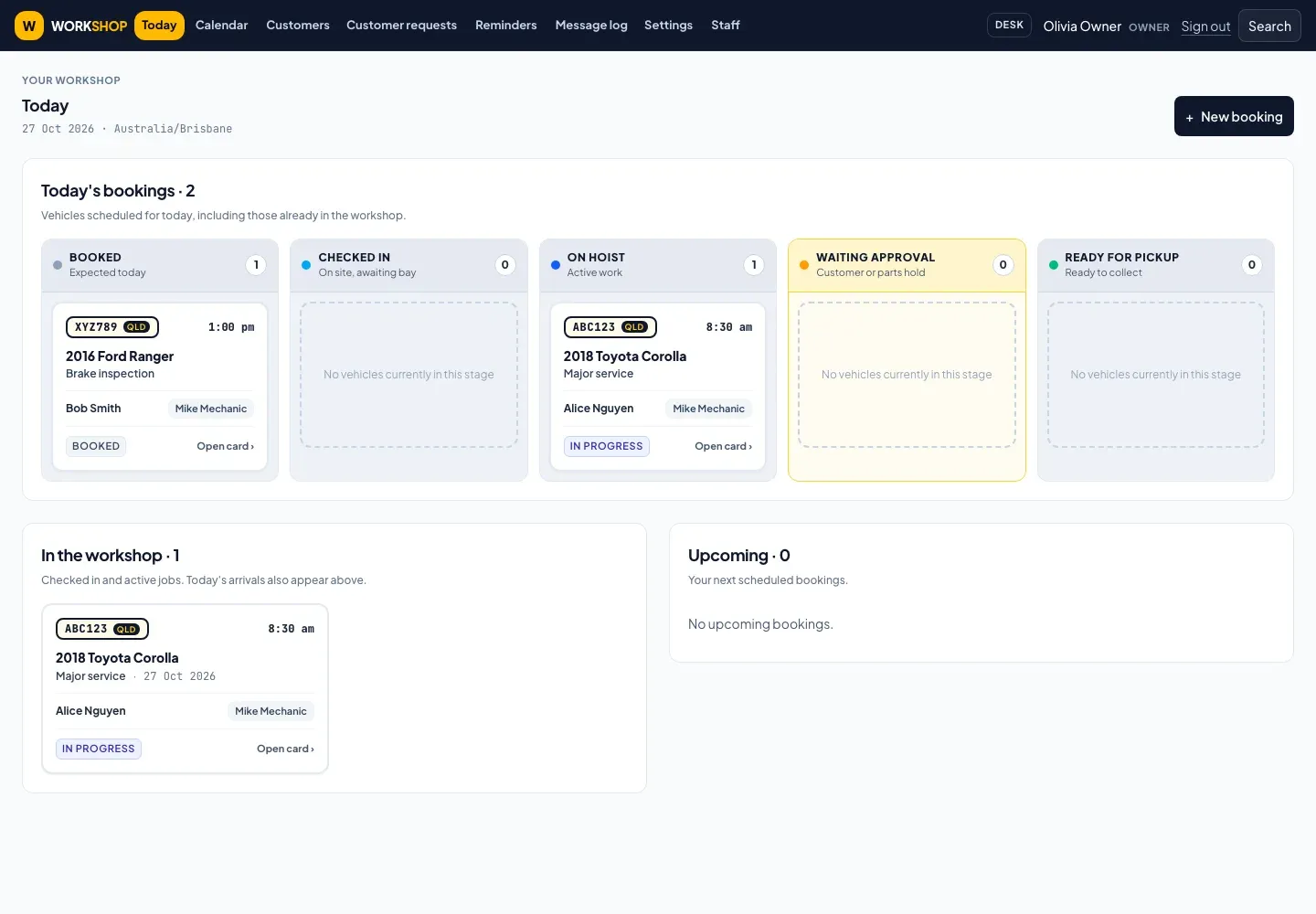 WorkshopFlow business dashboard showing booked jobs, work in progress and approval stages using fictional vehicles
