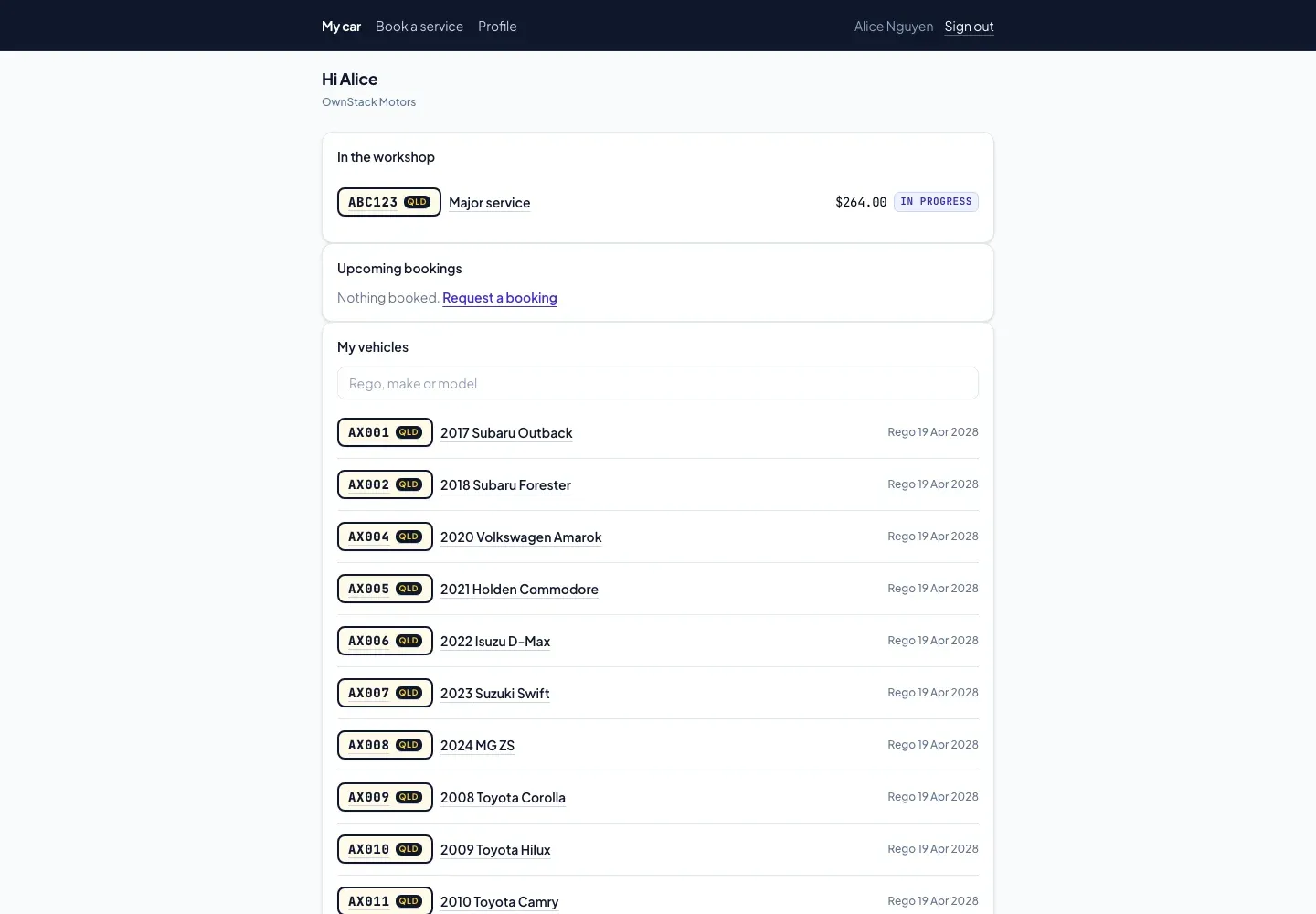 Alice's WorkshopFlow customer portal showing an in-progress service and a list of fictional vehicles